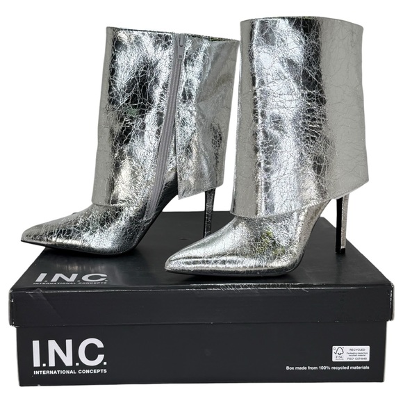 INC International Concepts Shoes - INC Sabeel Silver Patent Leather Cuff Heeled Womens Boots Size 8.5M